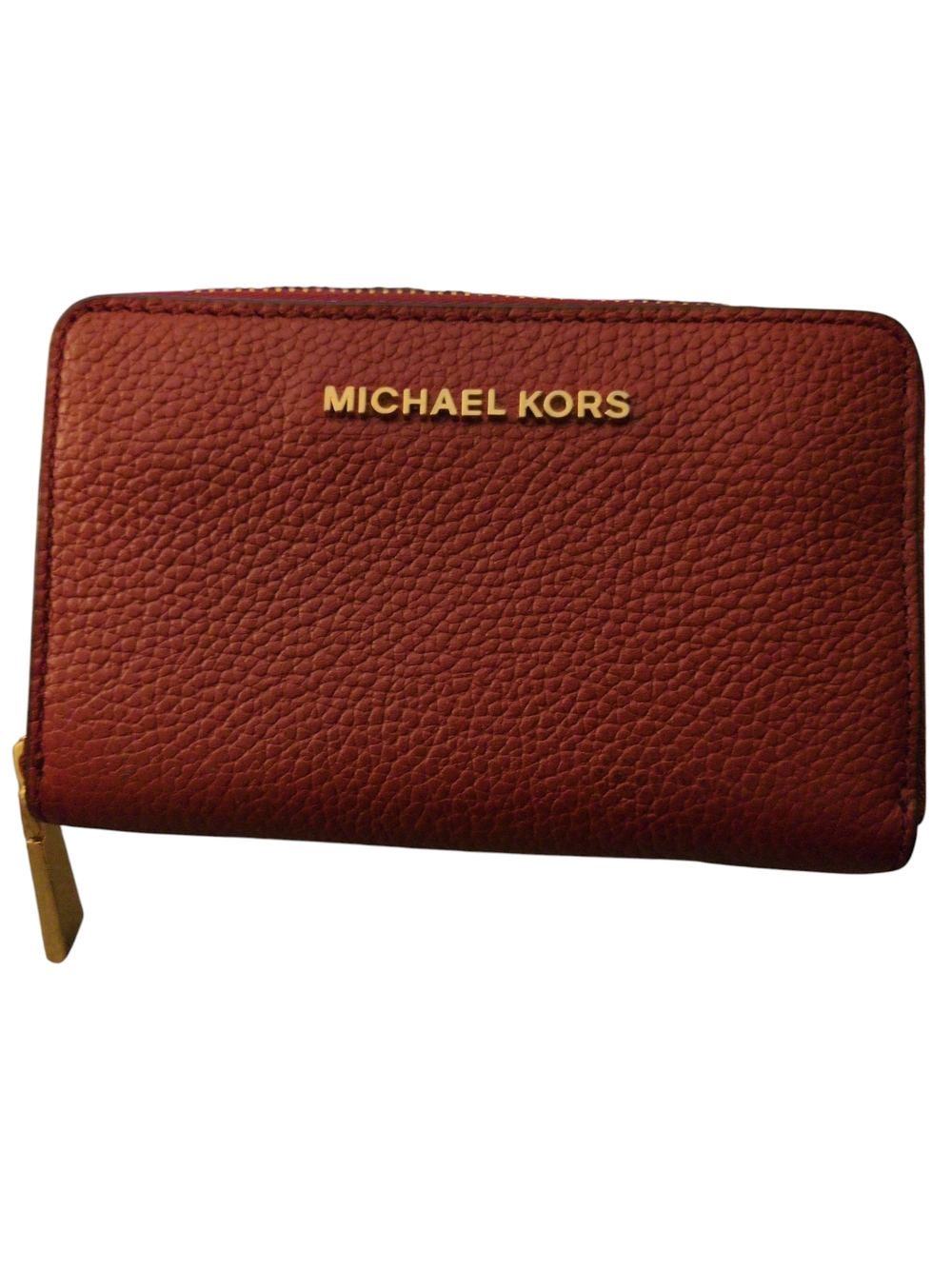 Michael Kors Brown Pebbled Leather Zip Wallet with Gold Logo